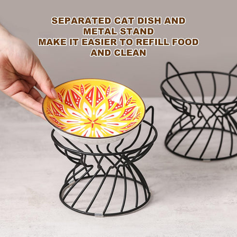 Metal Stand for Cat Bowls, Raised Cat Bowl Holder with Anti-Slip Sleeves, Black Iron Anti Vomiting Stand