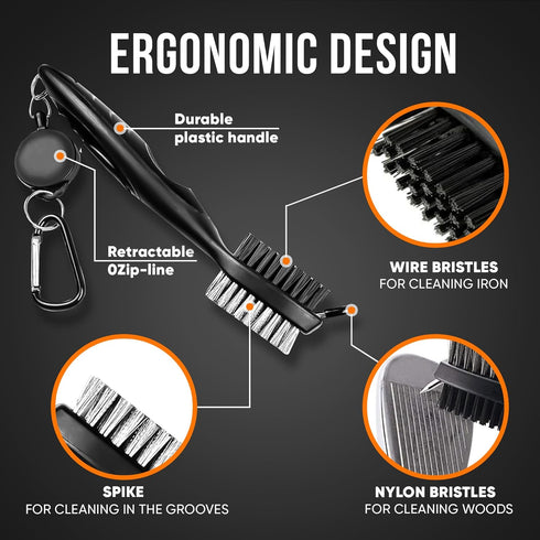 Golf Club Cleaning Brush with Groove Cleaner, Ergonomic Design, Retractable Clip, Extends 2 ft, Black