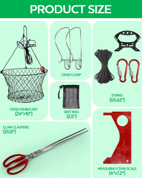 DHOEM 2Pack 24" 20" Double Ring Crab Trap with Bait Clip & Crab Gauge, Top, Bottom, Crabs Snare Fishing Net with Tarred
