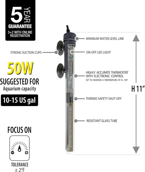 Sicce Scuba 50 Watt Aquarium Heater - Submersible for Up to 15 Gallons, Run Dry Protection