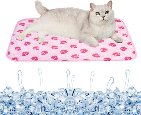 Dog Ice Pad, Ice Silk Cooling Mat for Cats, Summer Bamboo Breathable Pet Cooling Pad (Strawberry, S)