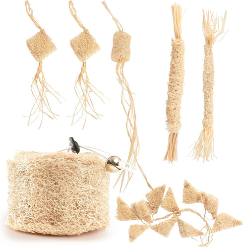 Quatendril Cat Chew Toy-Natural Loofah Raffia Catnip Toys-7pcs Handmade Gum Massage Teether w/