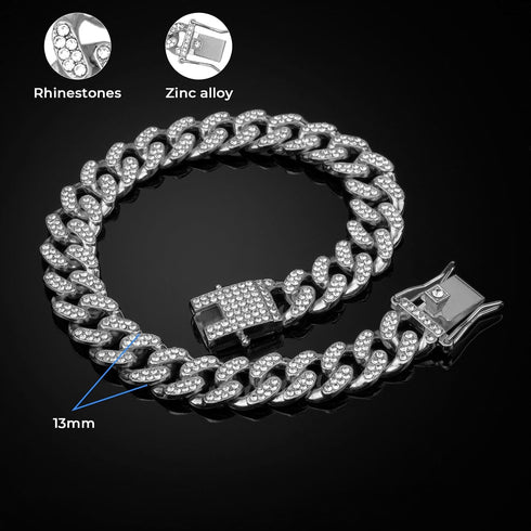 Dog Chain Collar, Silver Dog Necklace Diamond Cuban Link 13mm Wide Metal Pet Collar for Large Medium Small Dogs