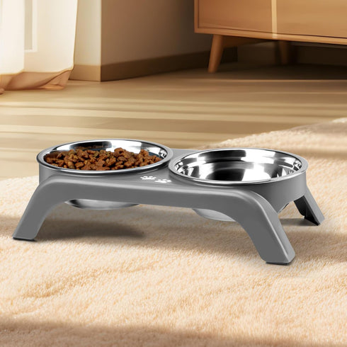 Elevated Cat Bowls - Anti-Vomiting Raised Stand with 2 Thick Stainless Steel Bowls, Grey