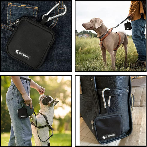 Waterproof Dog Training Treat Pouch with Built-in Poop Bag Dispenser, Adjustable Shoulder Bag (BLK)