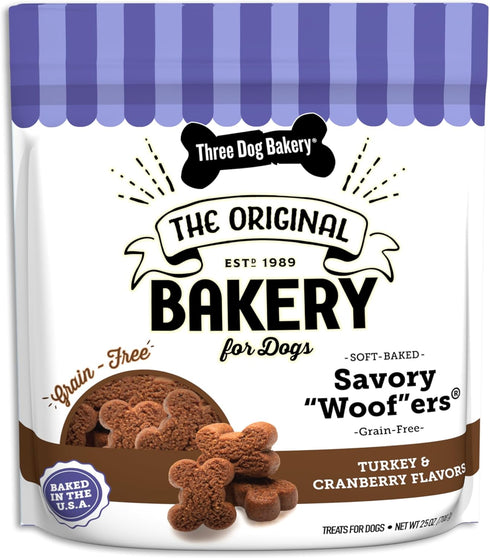 Three Dog Bakery Soft Baked Grain Free Meaty Woofers, Turkey and Cranberry Flavor, 25 oz