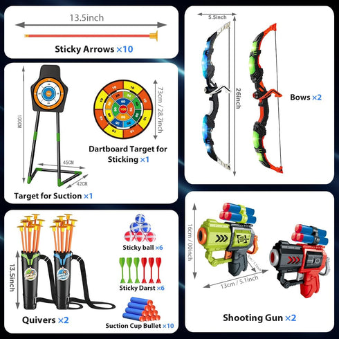 VATOS 2 Pack Bow and Arrow Toy - Light Up Archery Toy with Cup Suction Target & Dart Board for Indoor Outdoor Activity