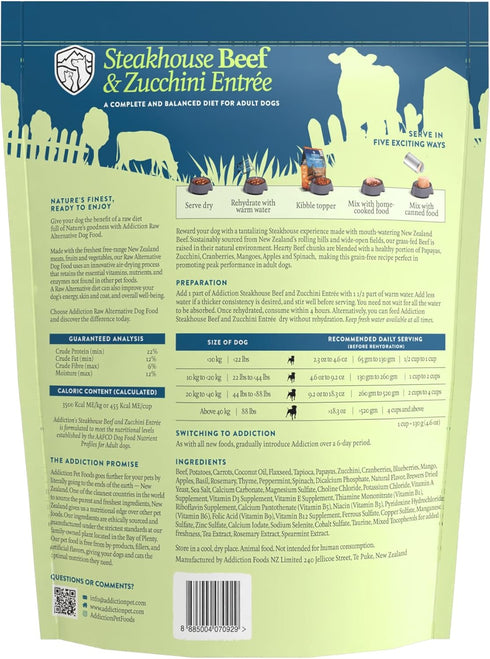 2lb Addiction Steakhouse Beef & Zucchini Air-Dried Grain-Free Dog Food Complete Meal or Topper with Natural Ingredients