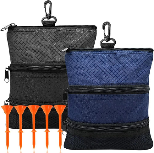 Golf Bag Accessories Valuables Pouch with Multi Pocket Zipper Hook, Includes 10 Pcs Wood Golf Tees