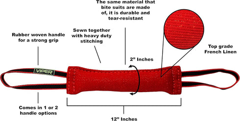 Viper Synthetic K9 Tug Toy, Red, 12" x 2.5, Two Handles for Dogs
