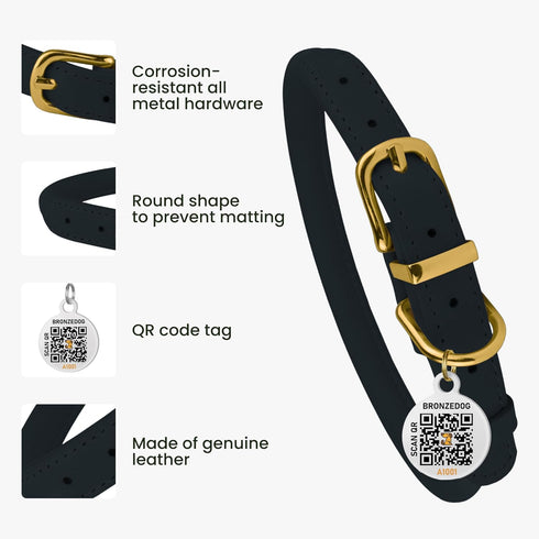 BRONZEDOG Rolled Leather Dog Collar with QR ID Tag, Adjustable Soft Round Collars for Small Medium Large Dogs (Dark