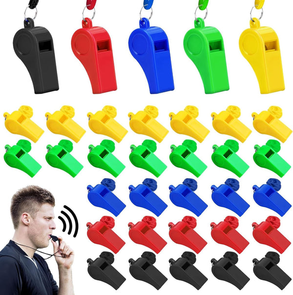 50PCS Plastic Coach Whistle with Lanyard Loud Crisp Sound Sports Referee Whistle