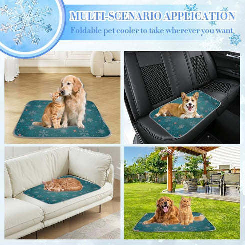 Generic 28" X22" Cooling Blanket for Dogs Cats Ice Silk Washable Crate Mat Holiday Teal Snowflakes Outdoor Cooling Dog