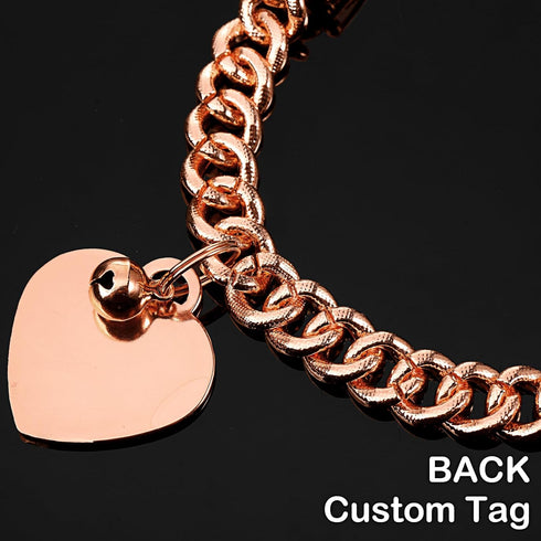 Hillban Rose Gold-Plated Diamond Dog Chain Collar with Heart Rhinestones, Personalized Name Tag for Small, Medium, and