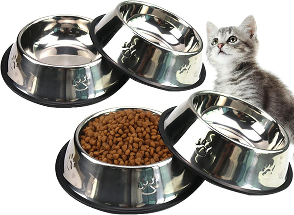 Fhiny 4PCS Stainless Steel Cat Bowls, Non-Slip Water Dish with Rubber Base, Stackable Pet Feeding Bowl for Cats