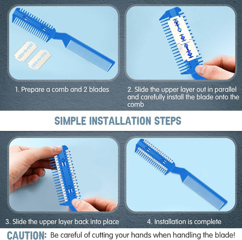 5 Pieces Razor Comb for Dogs, Pet Grooming Trimmer Comb with 25 Extra Blades, Manual Double Edge Razor (Blue)