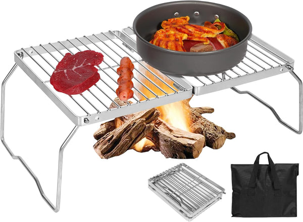 REDCAMP 304 Stainless Steel Folding Campfire Grill, Adjustable Height Portable Camping Grill with Carrying Bag