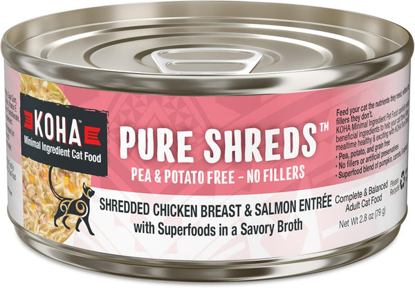 KOHA Pure Shreds Chicken and Salmon Entrée for Cats, High Protein Wet Cat Food, 2.8oz Cans (Pack of 24)