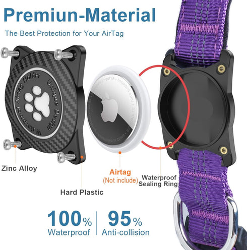 Airtag Dog Collar, Waterproof Holder, Luminous Reflective Adjustable Pet Collar for Heavy Duty Dogs, Purple, XL