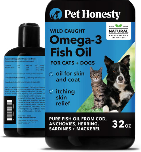 PetHonesty Omega 3 Fish Oil Supplement for Dogs & Cats (32oz) - Wild Caught for Skin, Coat, Immunity, Joint, Brain &