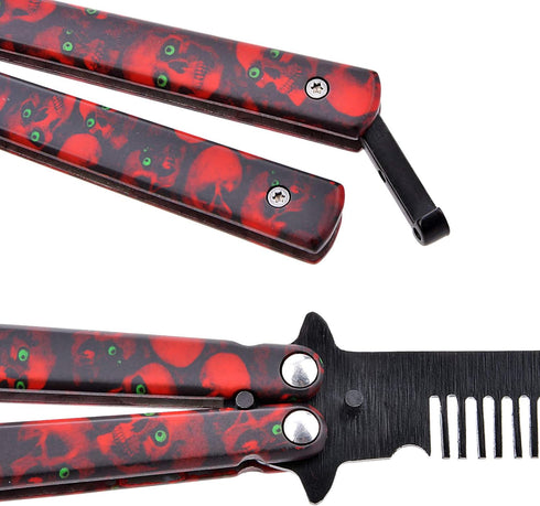 Practice Butterfly Knife Trainer, 2 Pack Steel Folding Comb, Unsharpened Blade for Beginners Training (Red & Green)