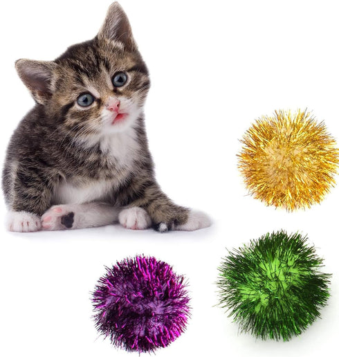 AUEAR 12 Pack 2 Inch Sparkle Ball Shiny Glitter Tinsel Pom Poms, Interactive Cat Balls for Kittens