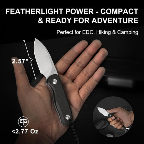 2.57" D2 G10 1094M2 Kizer Drop Bear Fixed Blade Knife, Satin Blade EDC Camping Knife with Black Handle and Hidden