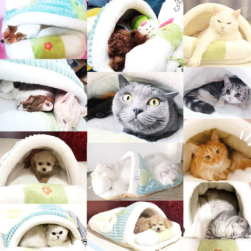 Cute Sakura Cat Sleeping Bag with Pillow, Cozy Cave Bed for Cats and Puppies Below 13lbs, Red