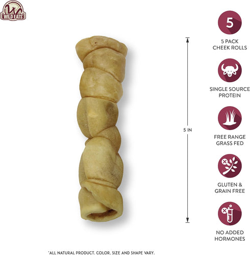 Water Buffalo Cheek Roll Long Lasing Dog Chews (5 Pack Dog Treats, Rawhide Free) - Stick Bones for Aggressive Chewers & Large Dogs