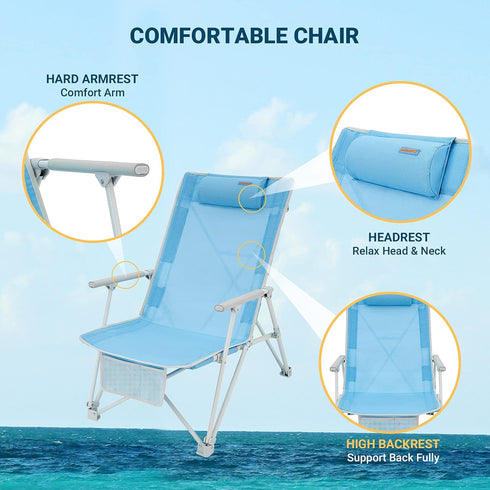 BBQ,300 LBS #WEJOY High Back Beach Chairs Portable Low Folding Beach Chair for Adults with Armrest,Headrest for Outdoor