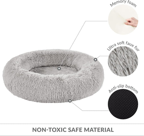 Friends Forever Grey Serena Donut Memory Foam Orthopedic Dog Bed, Soft Faux Fur Oval Cat Couch, Machine Washable