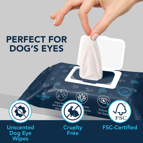 NOVEHA 100 Dog Eye Wipes, Plant-Based Eye Wipes for Dogs to Remove Eye Debris, Tear Stains & Discharge (100 Count)