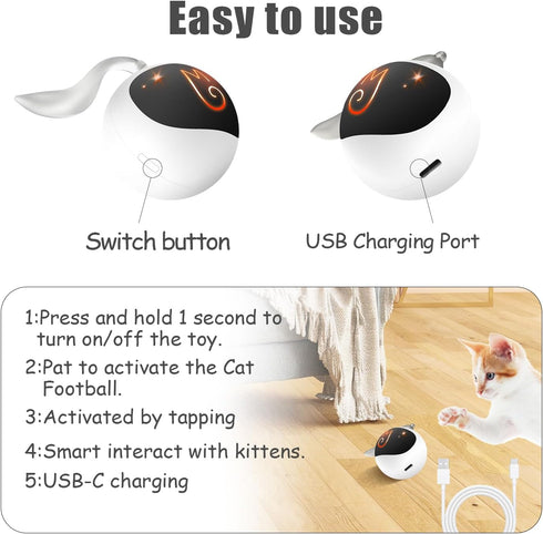 Migipaws Interactive Cat Ball Toy Set, Automatic Rolling Chase Ball with Fluffy Tail, Rechargeable (White)