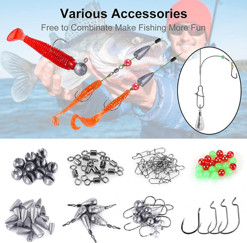 TOPFORT 187/343pcs Fishing Accessories Kit, Includes Jig Hooks, Sinker Weights & Tackle Box