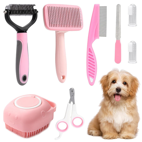 8 Pcs Dog Brush Grooming Kits, Self Cleaning Kit with Nail Clipper, Flea Comb, Bath Brush, and More, Pink