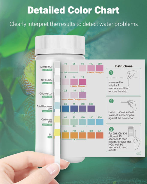 Pawfly 6 in 1 Aquarium Test Strips, 100 Strips for pH, Chlorine, Nitrate, Nitrite, and Hardness