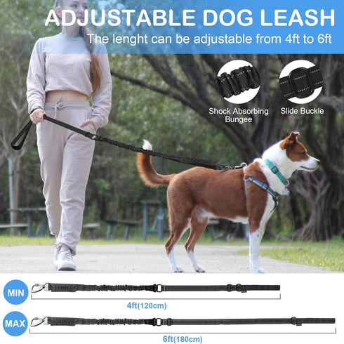 Tactical Dog Leash Heavy Duty, 4-6FT Shock Absorbing Bungee Leash with 2 Padded Handles for Medium Large Dogs, Black