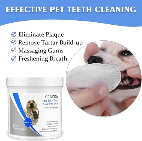 GARYOB Pet Dental Fingers Wipes, Oral Cleansing Teeth Wipes Pads for Dogs and Cats, 50 Pcs