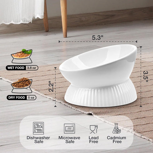 Ceramic Elevated Cat Bowl, Tilted Anti Vomiting Design, Spill-Proof, Dishwasher Safe, Raised Bowls for Indoor Cats,