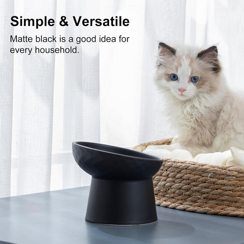 Elevated Cat Bowl Black, Tilted Angle Ceramic Food and Water Bowls for Cats and Small Dogs, 8 Ounces