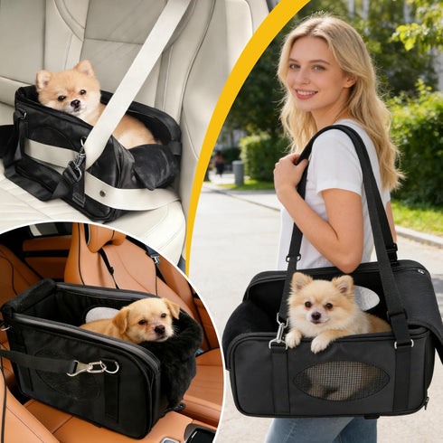 3-in-1 BABORUI Center Console Dog Car Seat, Portable Pet Carrier, Cat Car Seat with Zipper Fold Storage, Travel Ride