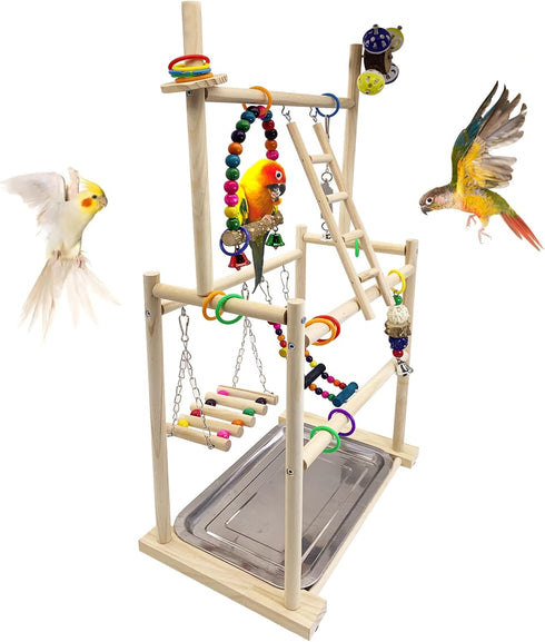 Hamiledyi Natural Wood Bird Playground - Large 3-Tier Perch Stand with Exercise