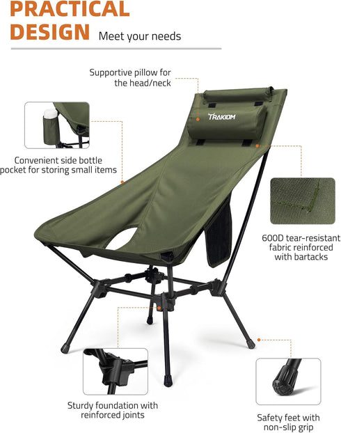 Trakiom High Back Portable Compact Camping Chair, Lightweight Green Folding Chair with Head Support & Widened Seat