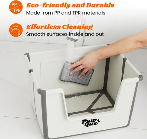 Pawque High Sides Large Cat Litter Box, Low Entry Open Top Foldable Portable Travel Cat Potty Pan with Litter Mat
