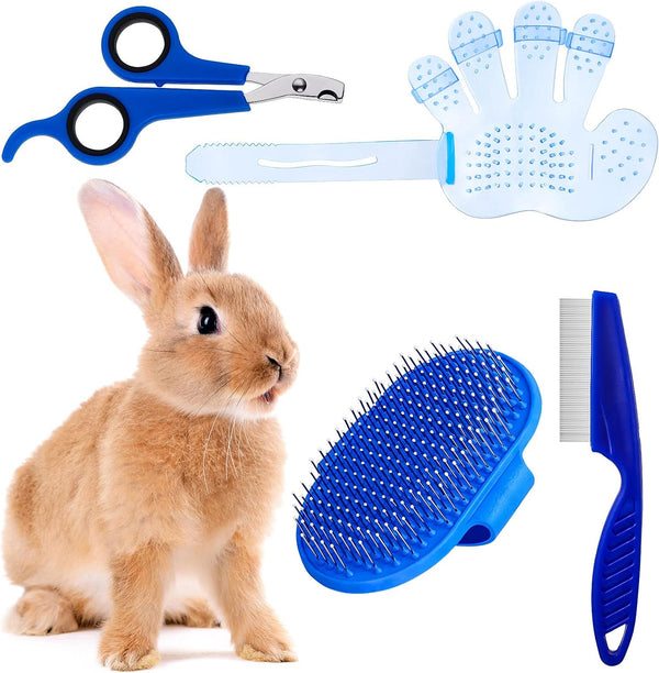 4 Pieces Bunny Grooming Kit, Rabbit Grooming Brush, Nail Clipper, Comb, and Bath Brush with Adjustable Handle