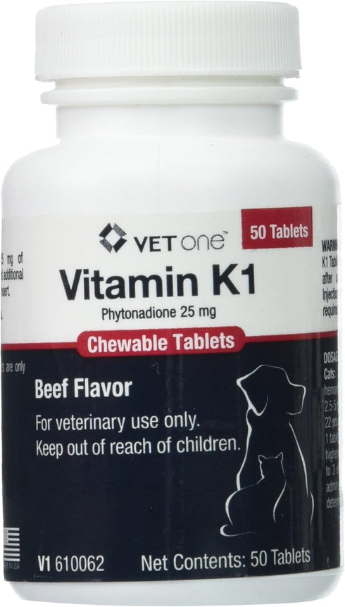 Vet One Vitamin K1 Chewable Tablets for Dogs, Beef-Flavored, 50 Tablets, Phytonadione 25mg