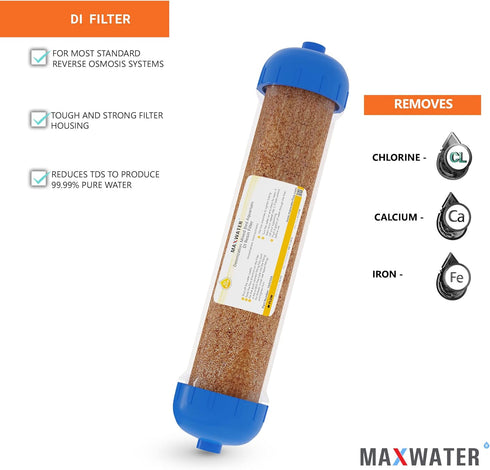 Max Water Mixed Bed Ion Exchange RODI Aquarium Filter Resin Replacement Cartridge - Compatible with 10" System