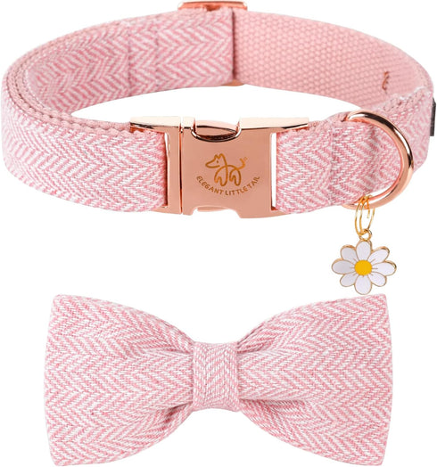 Elegant little tail Herringbone Pink Dog Collar with Bow, Durable Cotton Bowtie Collar for Large Dogs