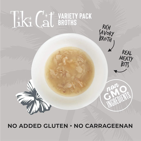 Tiki Cat Born Carnivore Broths Variety Pack, Meaty Bites, Hydration and Flavor Supplement, 1.3 oz. Pouch (Pack of 12)