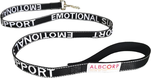Albcorp Emotional Support Dog Leash - Embroidered- with Padded Neoprene Handle and Reflective threads, 4 Feet, for Harnesses, Vests or Collars, Black